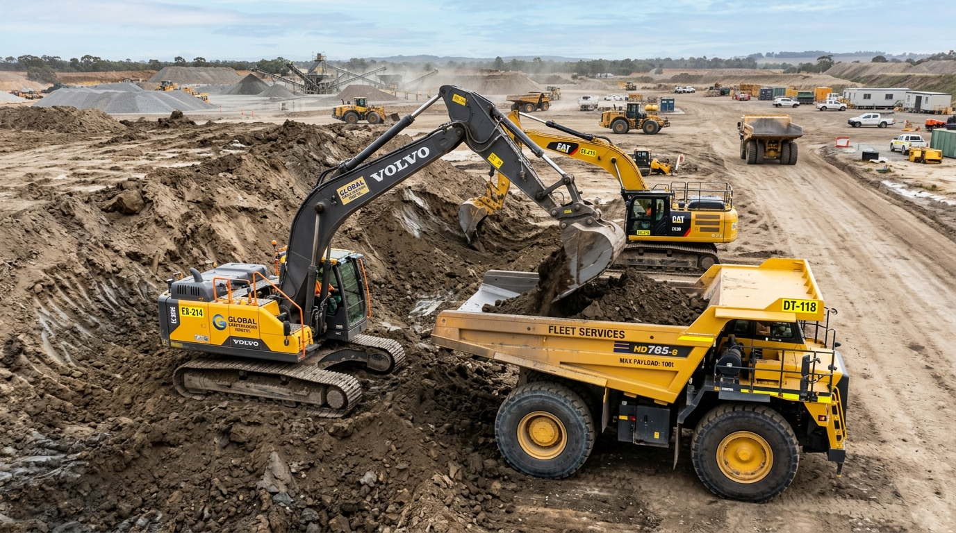 Heavy equipment fleet including excavators, dumpers, and cranes available for rental in Dhanbad and Jharkhand - RC Enterprises